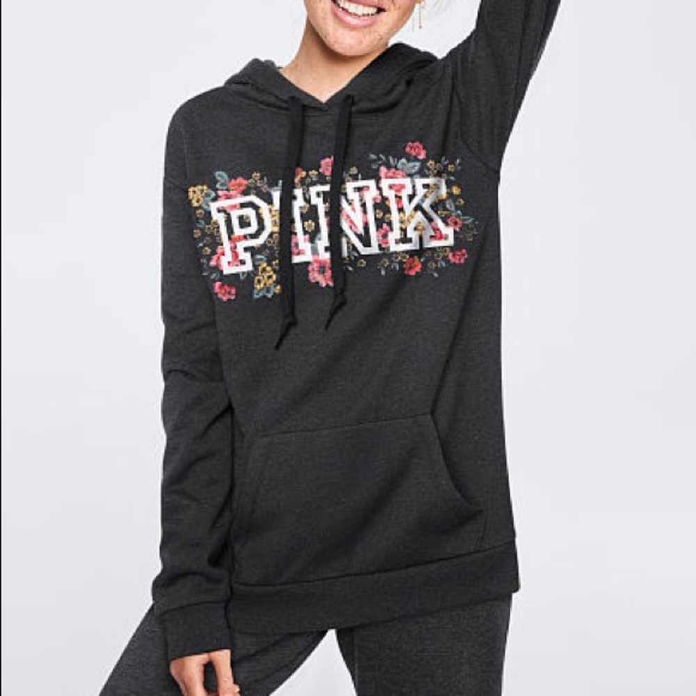 NEW💗VS PINK GREY FLORAL LOGO PULLOVER HOODIE - Picture 2 of 7